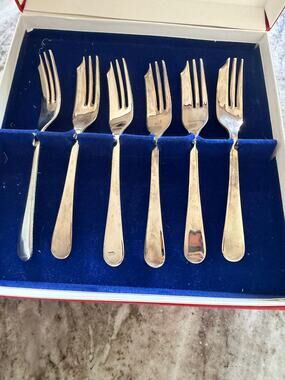 Leonard Silver Plated Dessert Fork Set 6 Sheffield England Original Box Vintage